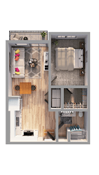 A floor plan of a small apartment with a kitchen, living room, and bathroom.