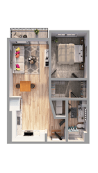 A top down view of a small apartment with a kitchen, living room, and bedroom.