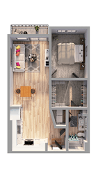A top down view of a small apartment with a kitchen, living room, and bathroom.