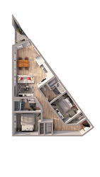 A top down view of a house with a kitchen, living room, and bedrooms.