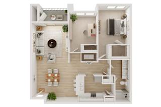 A white and wood floor plan of a small apartment with a kitchen, living room, and bathroom.