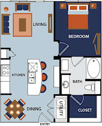 A floor plan of a small apartment with a living room, kitchen, dining area, bedroom, bathroom, and closet.