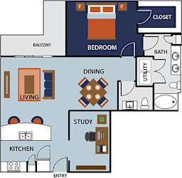 A floor plan of a house with a living room, dining room, study, kitchen, and bedrooms.