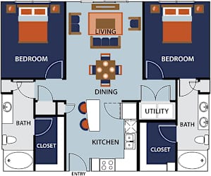 A floor plan of a house with two bedrooms, a living room, a dining room, a kitchen, two bathrooms, and two closets.