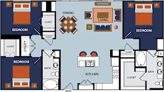 A floor plan of a house with a dining area, living room, kitchen, and four bedrooms.