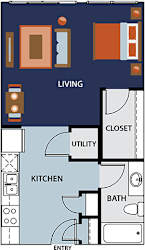 A floor plan of a small apartment with a living room, kitchen, bathroom, and closet.