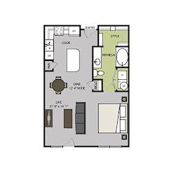A floor plan of a house with a living room, dining room, kitchen, and bathroom.