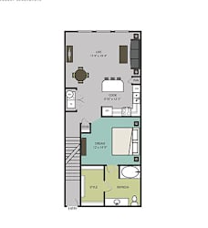 A floor plan of a house with a living room, kitchen, and bathroom.