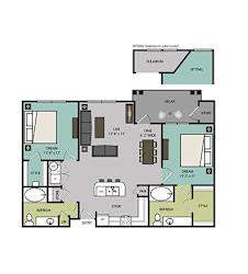 A floor plan of a house with a living room, dining room, kitchen, and bathrooms.