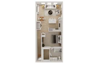 A floor plan of a small apartment with a kitchen, living room, and bathroom.