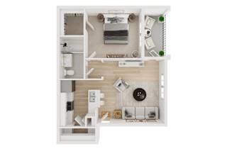 A white dollhouse with a kitchen, living room, and bathroom.