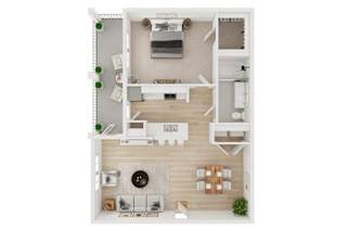 A top-down view of a modern apartment layout with a living room, kitchen, and dining area.