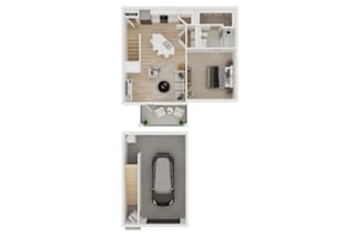 A floor plan of a small apartment with a kitchen, living room, and bathroom.