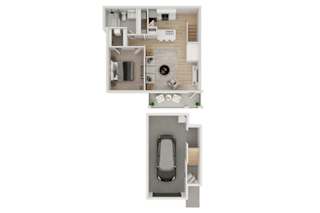 A floor plan of a small apartment with a kitchen, living room, and bathroom.