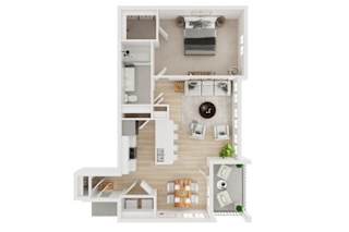 A floor plan of a house with a kitchen, living room, and two bedrooms.