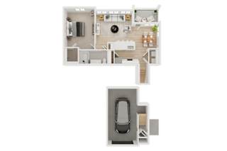A top-down view of a house with a garage.