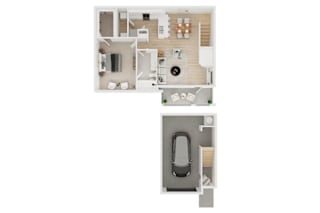 A floor plan of a two-story apartment with a garage.