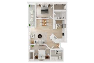 A white floor plan of a house with a kitchen, living room, and bedrooms.