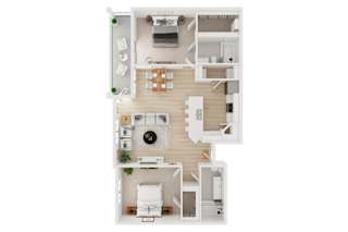 A white and wood floor plan of a house with a kitchen, living room, and two bedrooms.