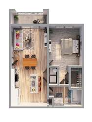 A small apartment with a kitchen, living room, and bathroom.