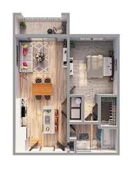 A small apartment with a kitchen, living room, and bathroom.