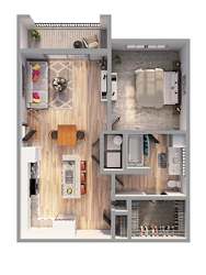 A floor plan of a small apartment with a kitchen, living room, and bathroom.