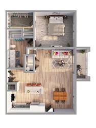 A 3D floor plan of a small apartment with a kitchen, living room, and bathroom.