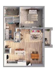 A 3D floor plan of a small apartment with a kitchen, living room, and bathroom.