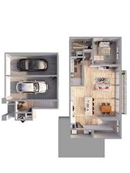 A floor plan of a house with a garage and a living area.