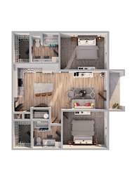 A 3D floor plan of a small apartment with a kitchen, living room, and two bedrooms.