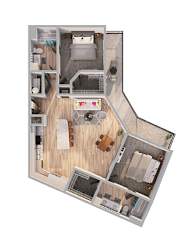 A floor plan of a small apartment with a kitchen, living room, and two bedrooms.