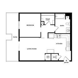 A floor plan of a house with a bedroom, living room, kitchen, and bathroom.