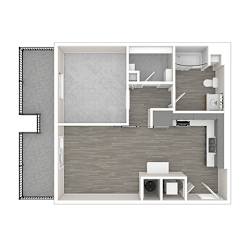 A floor plan of a small apartment with a kitchen, living room, and bathroom.