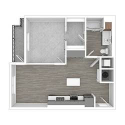 A floor plan of a small apartment with a kitchen, living room, and bathroom.