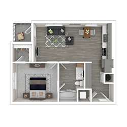 A floor plan of a house with a living room, kitchen, and bathroom.
