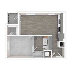 A drawing of a house layout with a bathroom and kitchen.