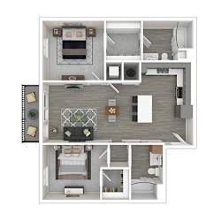 A top-down view of a house layout with a living room, kitchen, and bedrooms.