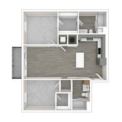 A floor plan of a small apartment with a kitchen, living room, and bathroom.