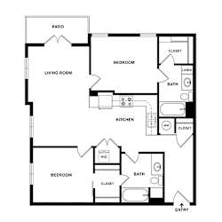 A black and white image of a house floor plan with a patio, living room, kitchen, two bedrooms, and two bathrooms.