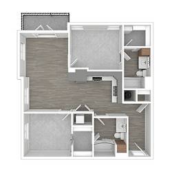 A floor plan of a house with a kitchen, living room, and two bedrooms.