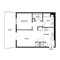 A simple floor plan of a house with a bedroom, bathroom, kitchen, living room, and patio.