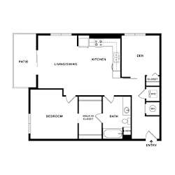 A floor plan of a home with a patio, living/dining area, kitchen, den, bath, and entry.