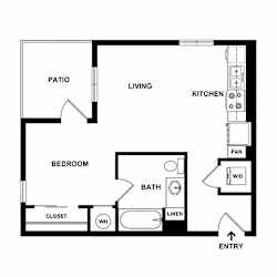 A black and white image of a floor plan for a small apartment.