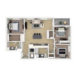 A floor plan of a small apartment with a kitchen, living room, and two bedrooms.