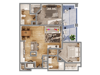 A detailed 3D floor plan of a house showing all rooms and their layouts.