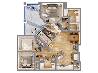 A top-down view of a house layout with multiple rooms and furniture.
