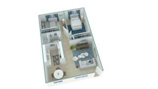 A dollhouse with a white background and a blue border.