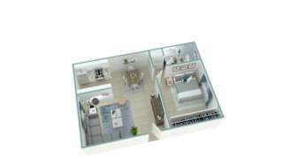 A 3D model of a house with a kitchen, living room, and bathroom.
