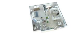 A 3D floor plan of a house with a kitchen, living room, bedrooms, and bathrooms.
