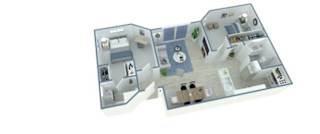 A 3D floor plan of a house with a kitchen, living room, and two bedrooms.